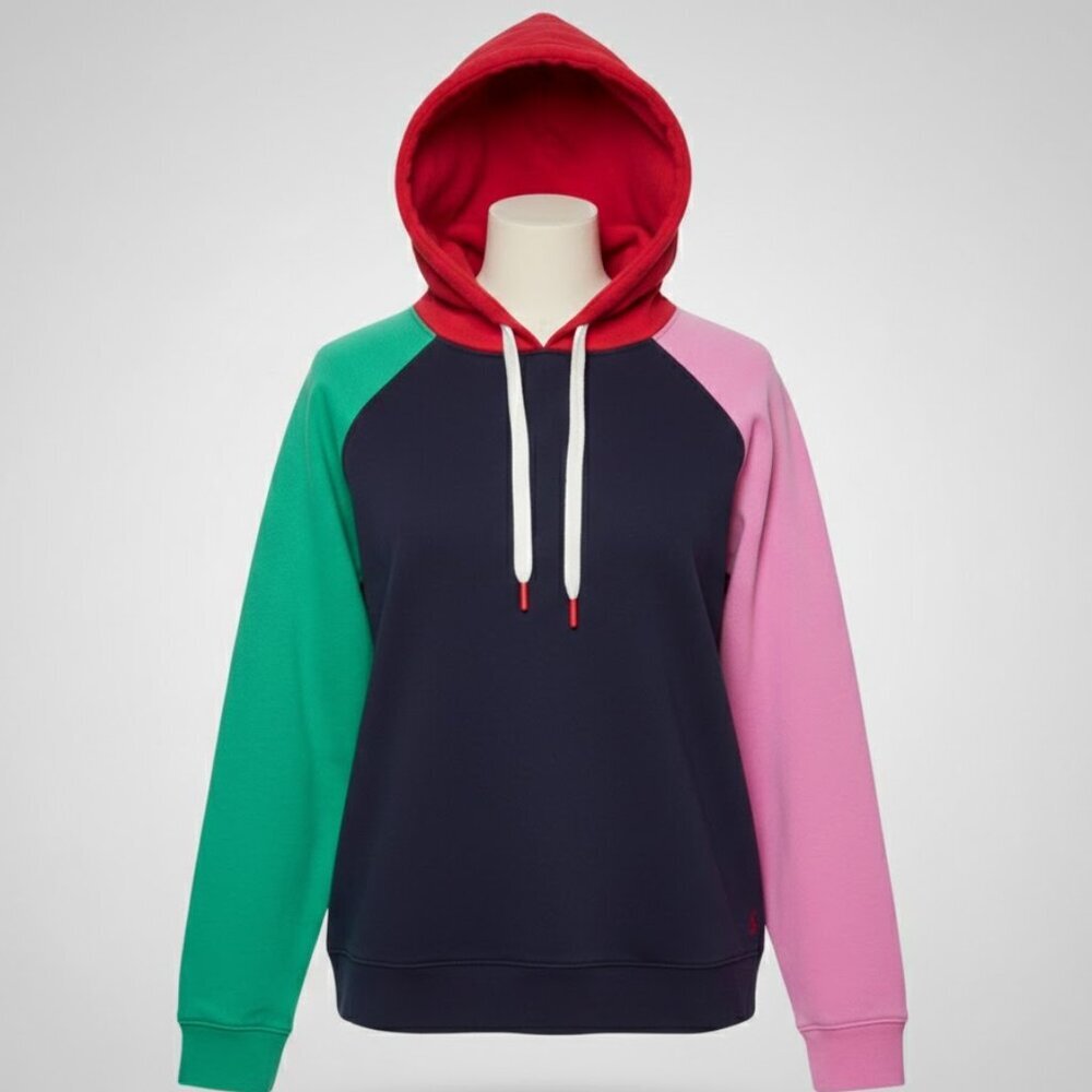 Joules Colorblock Hoodie | Navy Pink Green Red Raglan Sweatshirt | Size US 8